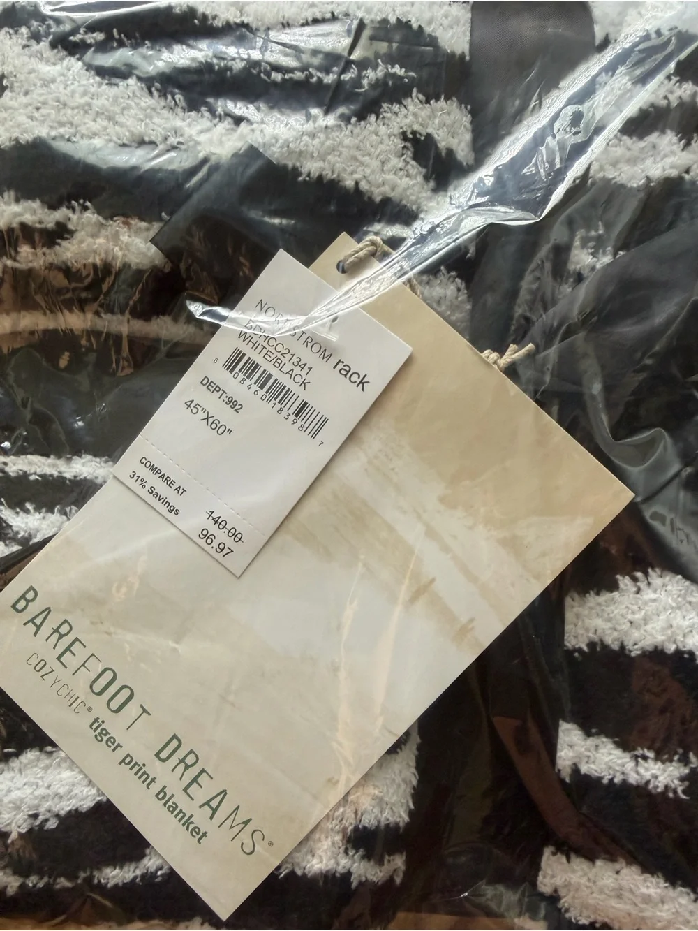 Barefoot Black & White Striped Tiger-Print Plush Blanket NWT